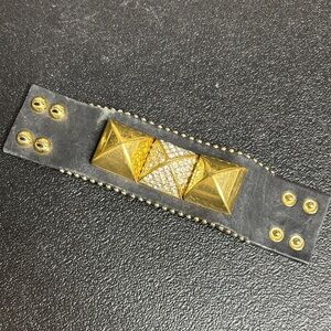 Juicy Couture Vintage Pyramid Studded Gold Black Leather Cuff Bracelet